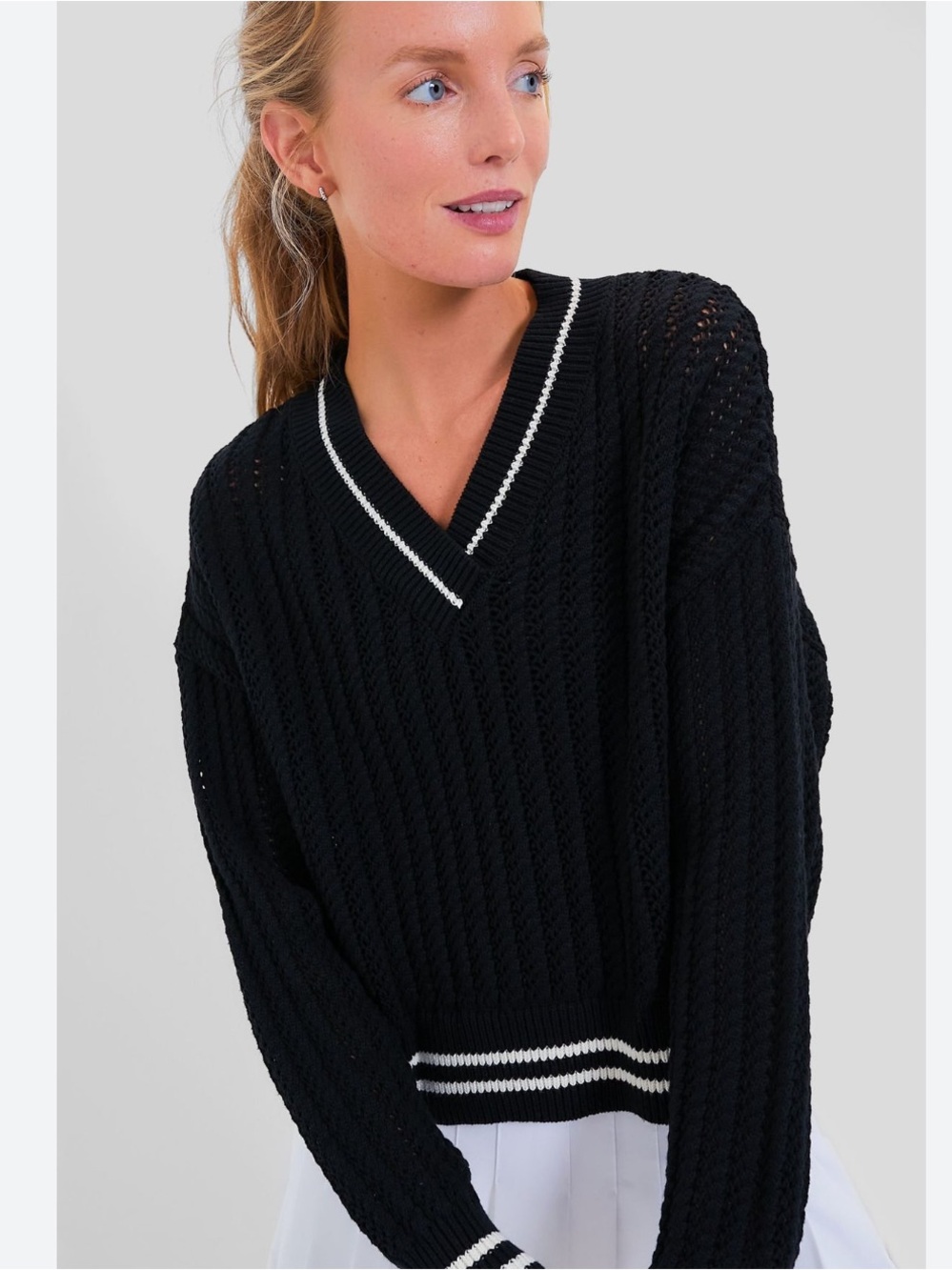 Tuckernuck Sport Cropped Irene Black Sweater White Stripe Trim Small